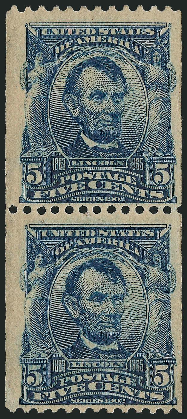 5c Blue, Coil (317).> Pair, lightly hinged, deep rich color and proof-like impression<><>^FRESH AND VERY FINE PAIR OF THE RARE 5-CENT 1908 VERTICAL COIL.^<><>The 5c 1908 Coil stamps, which were stripped by
hand, are almost always strongly centere