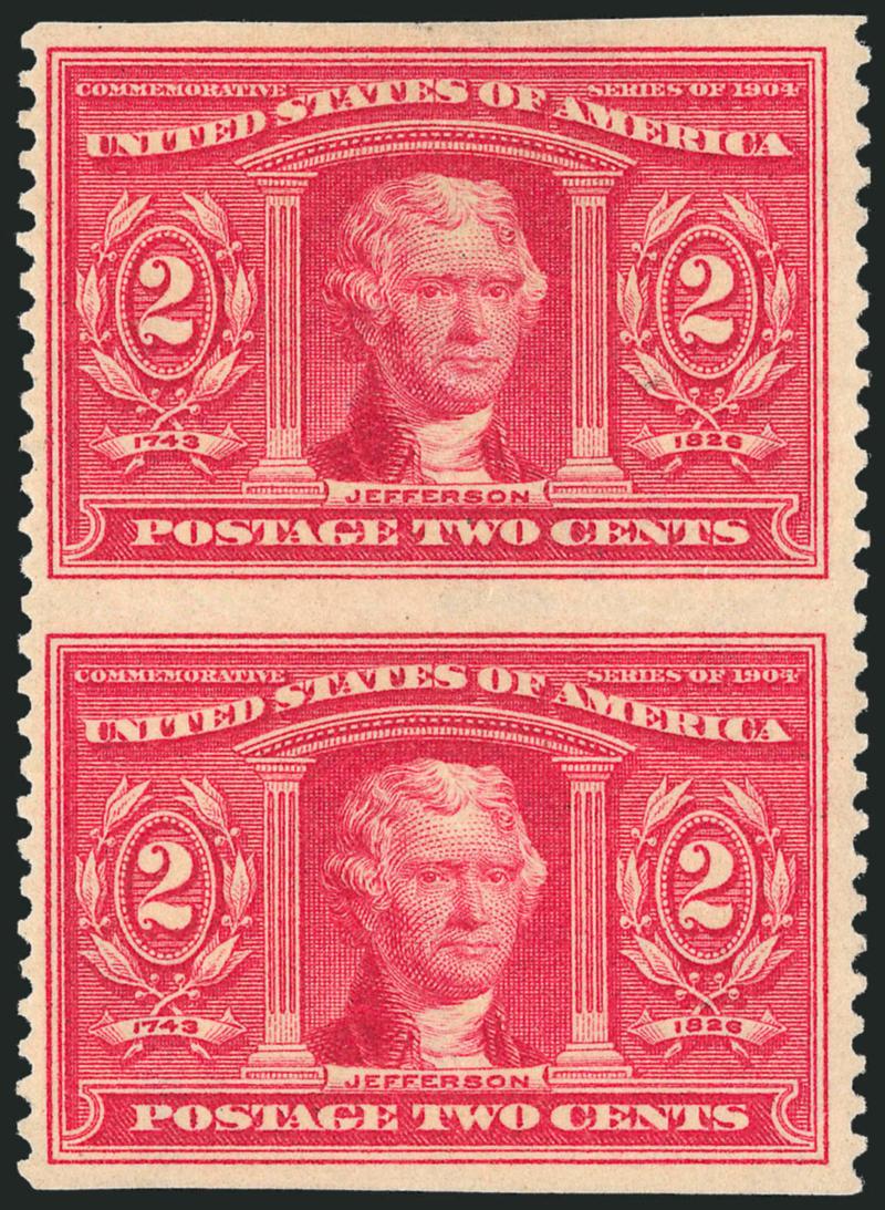 2c Louisiana Purchase, Vertical Pair, Imperforate Horizontally (324a).> Slightly disturbed original gum from hinge removal, brilliant color, wide margins, bottom stamp light natural gum bend as almost always
seen on this issue<><>^VERY FINE APPEARA