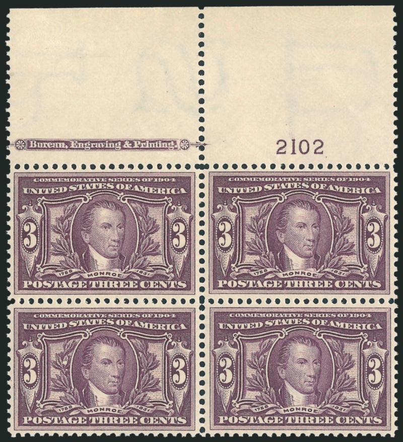 3c Louisiana Purchase (325).> Mint N.H. wide top imprint and plate no. 2102 block of four, phenomenally well-centered, fresh and crisp, Extremely Fine, with 2004 P.S.E. certificate