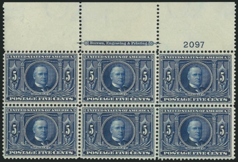 5c Louisiana Purchase (326).> Mint N.H. top imprint and plate no. 2097 block of six, intense shade and impression, choice centering<><>^EXTREMELY FINE. A BEAUTIFUL MINT NEVER-HINGED TOP PLATE BLOCK OF THE
5-CENT LOUISIANA PURCHASE ISSUE.^<><>With