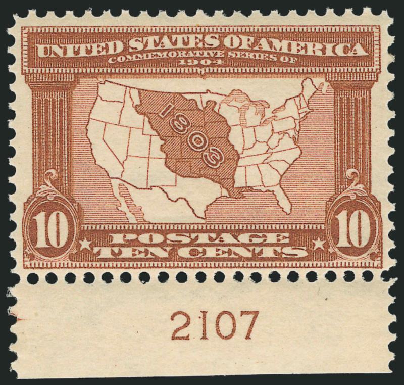 10c Louisiana Purchase (327).> Plate no. 2107 at bottom, stamp Mint N.H., lightly hinged in selvage only, radiant color, Very Fine and choice, with 2002 P.F. certificate