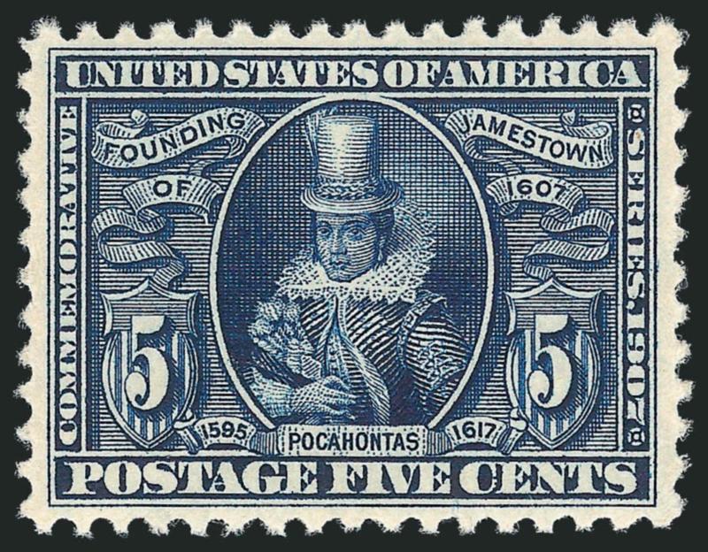 5c Jamestown (330).> Mint N.H., wide margins for this typically small-margined issue, almost perfectly centered, sharp impression on bright paper, Extremely Fine Gem, with 1998 P.F. and 2008 P.S.E. certificates
(XF-Superb 95 SMQ $2,500.00)