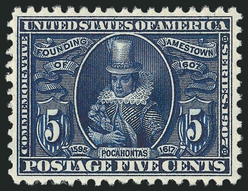 5c Jamestown (330).> Mint N.H., exceptionally well-centered with intense color, Extremely Fine, with 2009 P.S.E. certificate (XF 90 SMQ $670.00)