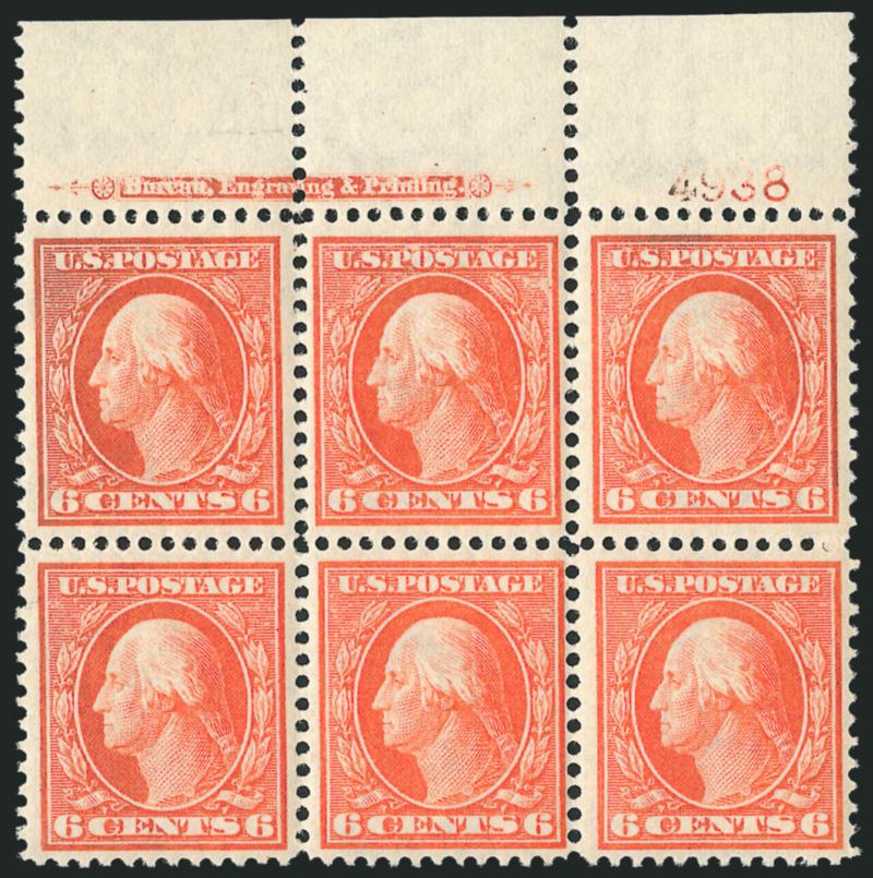 6c Red Orange (336).> Top imprint and plate no. 4938 block of six, barely hinged at bottom left and in selvage, bright color with trace of oxidation at top, otherwise Fine-Very Fine