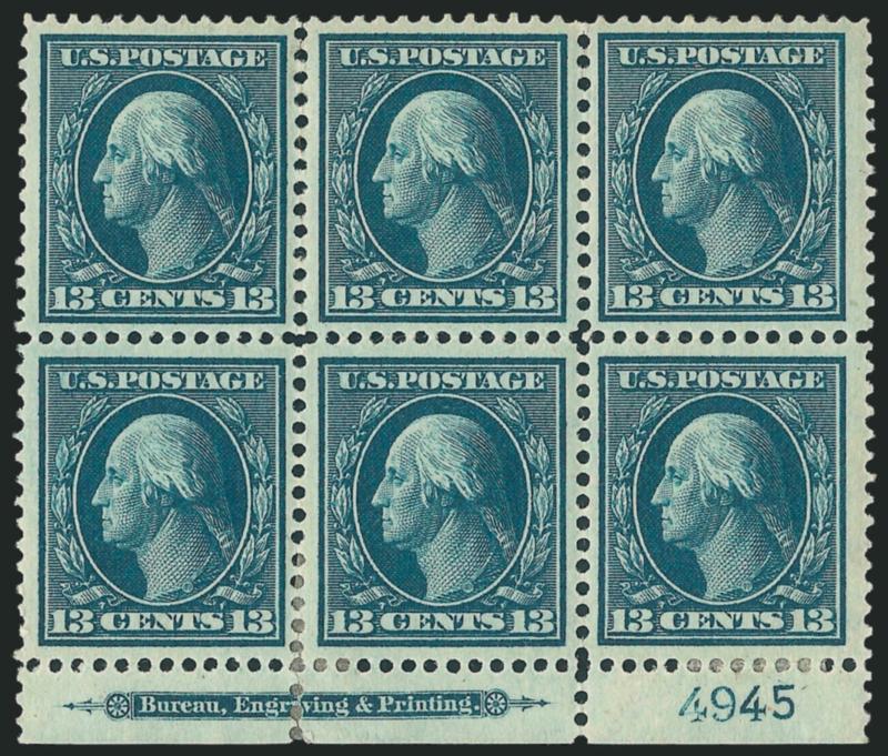 13c Blue Green (339).> Bottom imprint and plate no. 4945 block of six, h.r., well-centered, some perf separation reinforcement between left and center pairs, Very Fine