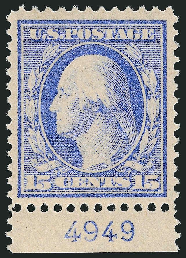 15c Pale Ultramarine (340).> Mint N.H. with bottom <plate no. 4949> selvage, handsomely centered, bright color, Very Fine and choice, with 2004 P.S.E. certificate (VF-XF 85 SMQ $210.00)