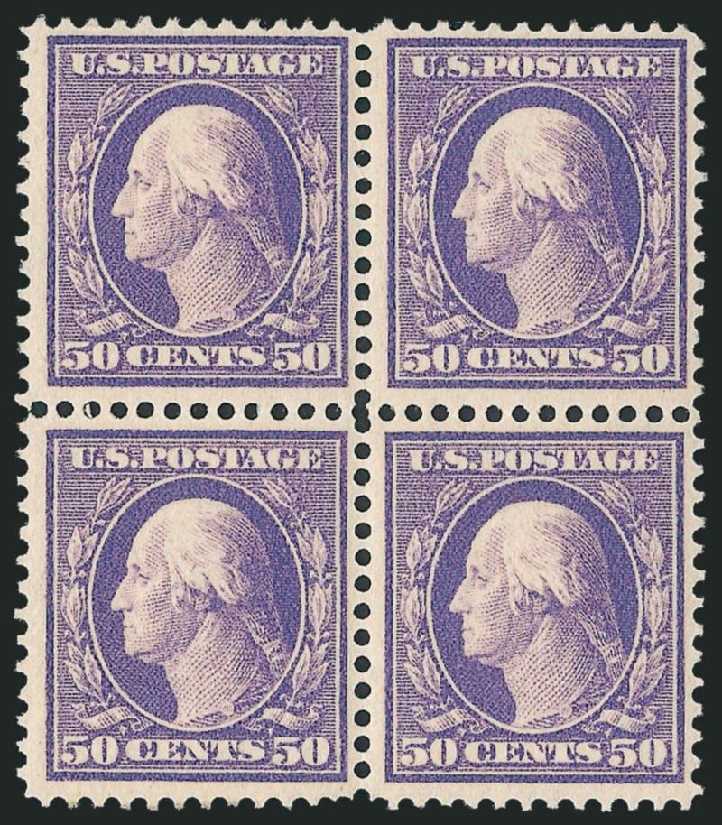 50c Violet (341).> Block of four, top pair lightly hinged, bottom pair Mint N.H., bright color, Fine, with 2010 P.S.E. certificate