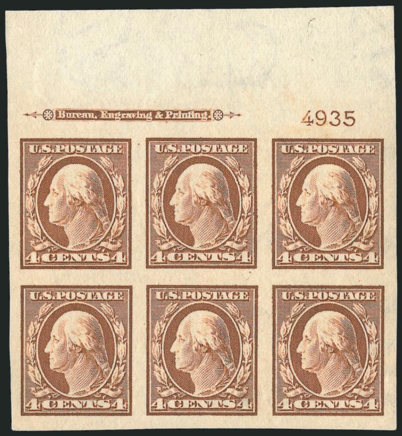 1c-5c 1908-09 Issue, Imperforate (343-347).> Mint N.H. wide top imprint and plate no. blocks of six, Very Fine-Extremely Fine set