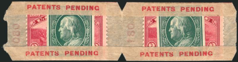 1c Green, 2c Hudson-Fulton, U.S. Automatic Vending Co. Pocket Ty. 3-1A (343, 372).> Pair, each with one and two respectively, Mint N.H., red Patents Pending and numbered 080 and 081 on back, Very Fine, a rare
pair, Scott Retail as two single po