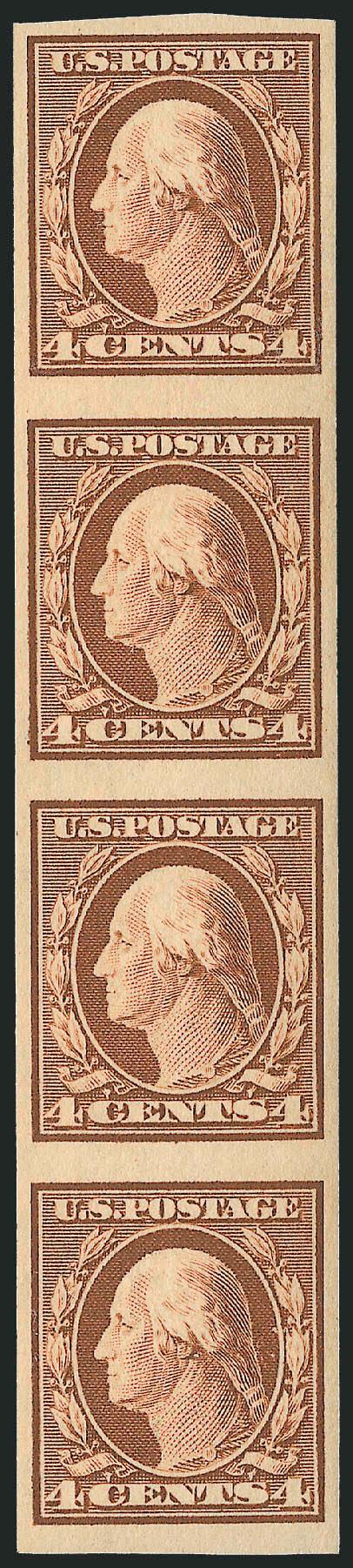 4c Orange Brown, Imperforate Coil (346V).> Strip of four, bottom three stamps Mint N.H., top stamp barest trace of hinging, Extremely Fine, with 1993 (as Mint N.H.) and 2009 P.F. certificates