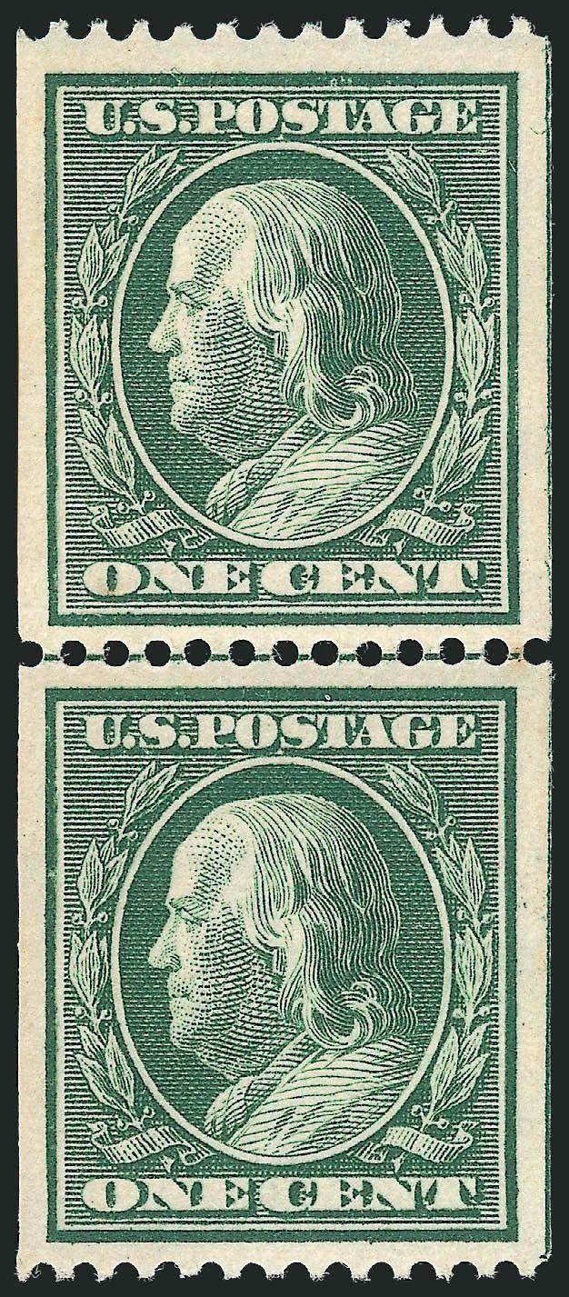 1c Green, Coil (348).> Mint N.H. guide line pair, choice margins and centering, rich color, Very Fine and choice, with 2005 P.S.E. certificate (VF-XF 85 SMQ $590.00)