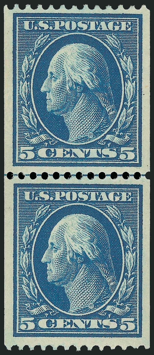 5c Blue, Coil (351).> Guide line pair, bottom stamp Mint N.H., deep rich color, almost perfectly centered with wide margins, Extremely Fine Gem, with 2002 P.F. certificate