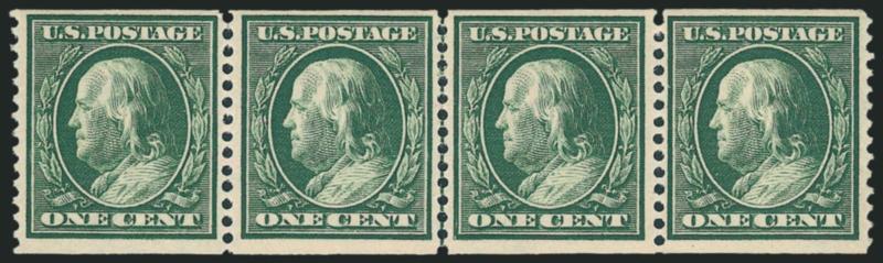 1c Green, Coil (352).> Mint N.H. guide line strip of four, left stamp (not in line pair) small gum stain, otherwise Fine, with 2006 P.S.E. certificate