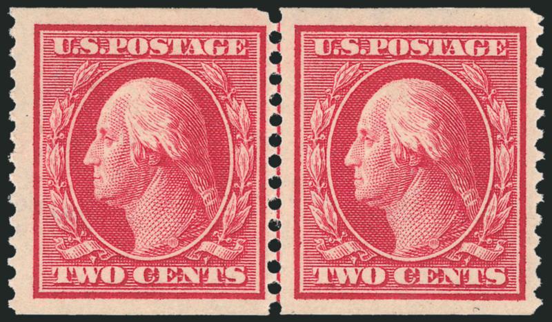 2c Carmine, 4c Orange Brown, Coils (353-354).> Guide line pairs, 2c Mint N.H., 4c h.r., 2c tiny nick in top right margin of left stamp, otherwise Fine-Very Fine, each with 2004 P.S.E. certificate