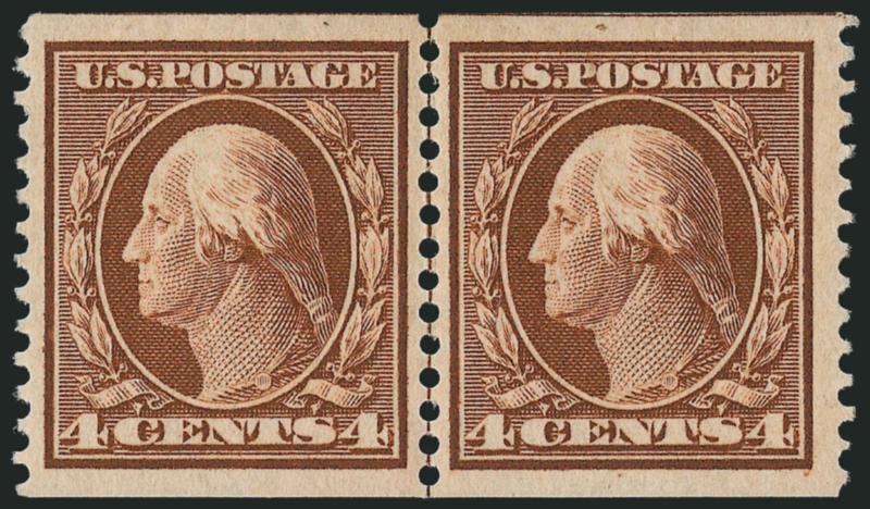 4c Orange Brown, Coil (354).> Guide line pair, lightly hinged, Jumbo margins and exceptionally well-centered, rich color and clear impression, Extremely Fine, with 2010 P.S.E. certificate (OGph, XF 90 Jumbo SMQ
$1,750.00 as 90, $2,400.00 as 95), the