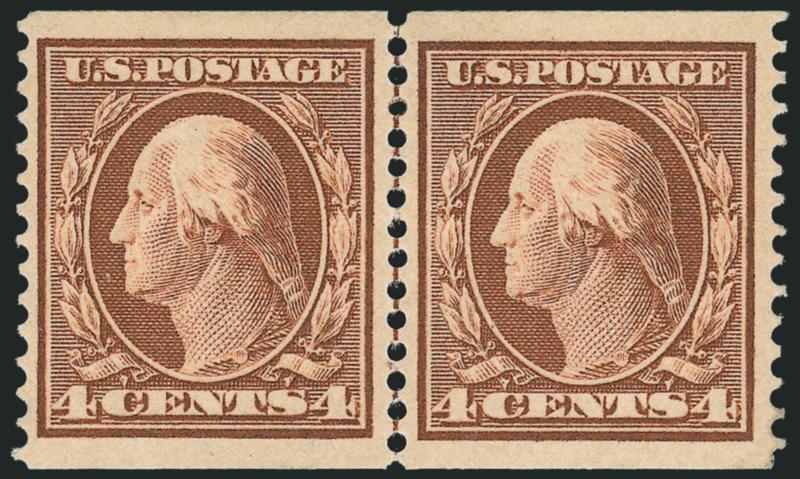 4c Orange Brown, Coil (354).> Guide line pair, lightly hinged, impressive Jumbo margins, rich color, Extremely Fine, ex Lutwak, with 1975 P.F. and 2008 P.S.E. certificates (OGph, VF-XF 85 Jumbo SMQ $1,500.00 as
85, $1,750.00 as 90)