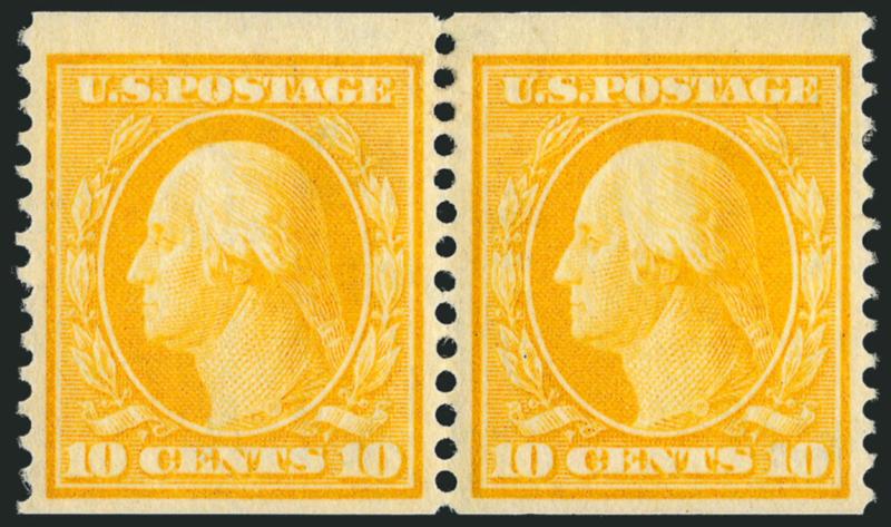 10c Yellow, Coil (356).> Pair, vivid color as fresh as the day it was printed, wide margins<><>^VERY FINE ORIGINA-GUM EXAMPLE OF THE 10-CENT HORIZONTAL COIL, SCOTT 356.^<><>Right stamp pencil notation on gum.
With 2009 P.S.E. certificate