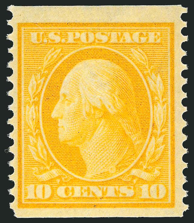 10c Yellow, Coil (356).> Mint N.H., unusually wide margins, vibrant color<><>^VERY FINE AND CHOICE. AN EXCEEDINGLY RARE MINT NEVER-HINGED EXAMPLE OF THE 10-CENT HORIZONTAL COIL, SCOTT 356..^<><>Ex Odeneal. With
copy of 1972 P.F. certificate for s