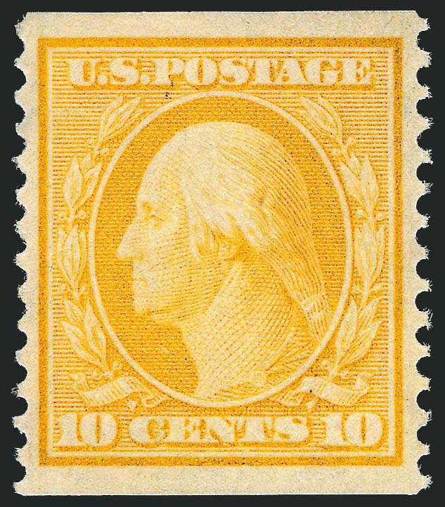 10c Yellow, Coil (356).> Radiant color as fresh as the day it was printed, unusually choice centering for this difficult issue<><>^EXTREMELY FINE GEM. A SUPERB ORIGINAL-GUM EXAMPLE OF THE 10-CENT HORIZONTAL
COIL, SCOTT 356, WHICH HAS BEEN GRADED XF