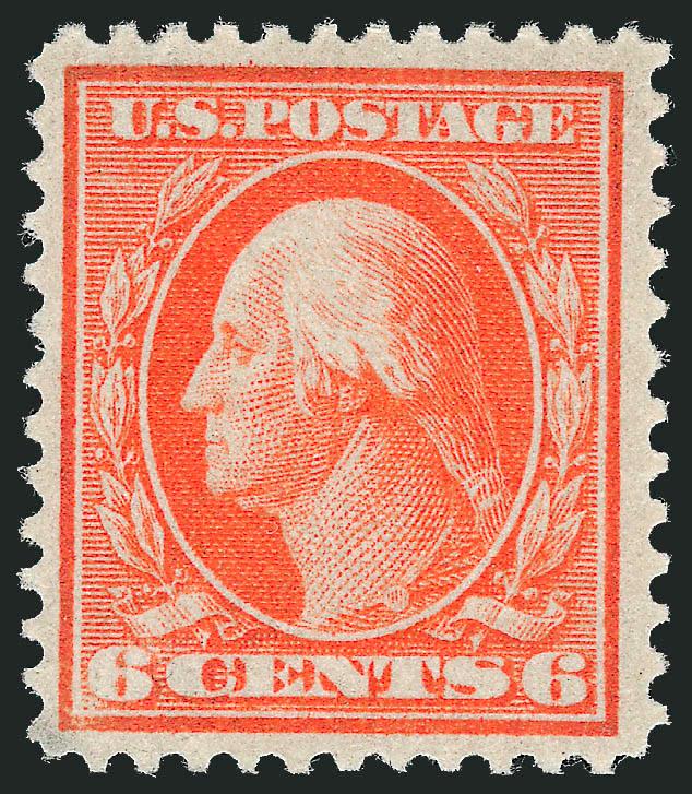 6c Red Orange, Bluish (362).> Mint N.H., radiant color as fresh as the day it was printed, wide margins, deeply blued paper<><>^VERY FINE. A BEAUTIFUL MINT NEVER-HINGED EXAMPLE OF THE 6-CENT ON BLUISH PAPER.
SCARCE IN SUCH PRISTINE CONDITION.^<><