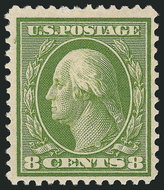 8c Olive Green, Bluish (363).> Lightly hinged, deep rich color on nicely blued paper, wide margins for this difficult issue<><>^VERY FINE AND CHOICE. A FRESH AND SOUND ORIGINAL-GUM EXAMPLE OF THE RARE 8-CENT
BLUISH PAPER.^<><>According to Johl (V