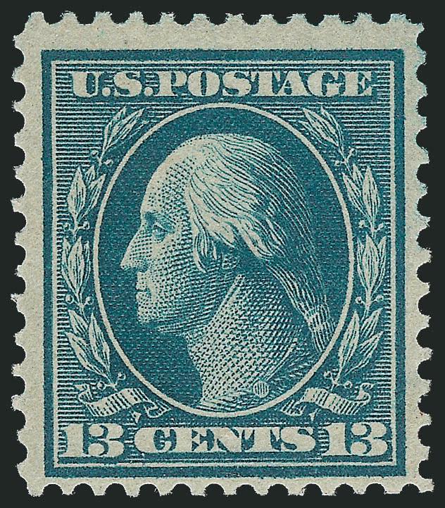 13c Bluish Green, Bluish (365).> Mint N.H., intense color on deeply blued paper, wide margins<><>^FRESH AND FINE-VERY FINE. A SCARCE MINT NEVER-HINGED EXAMPLE OF THE 13-CENT ON BLUISH PAPER.^<><>With 1998 and
2008 P.F. certificates (F-VF 75)