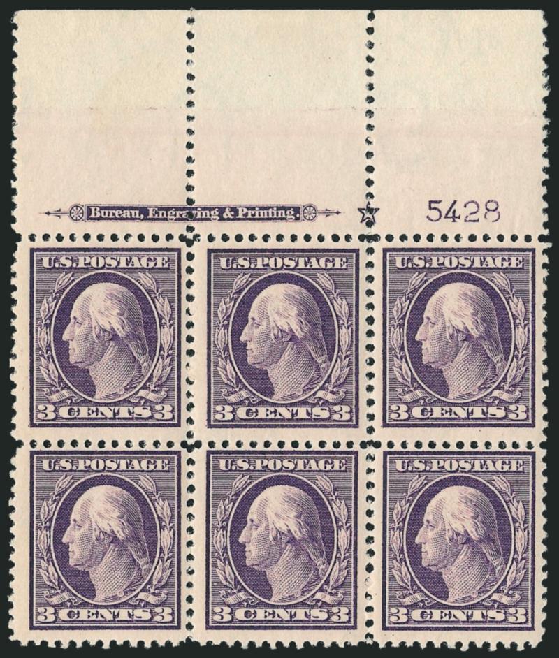 3c Deep Violet (376).> Mint N.H. wide top imprint, star and plate no. 5428 block of six, rich color and detailed impression, Fine-Very Fine