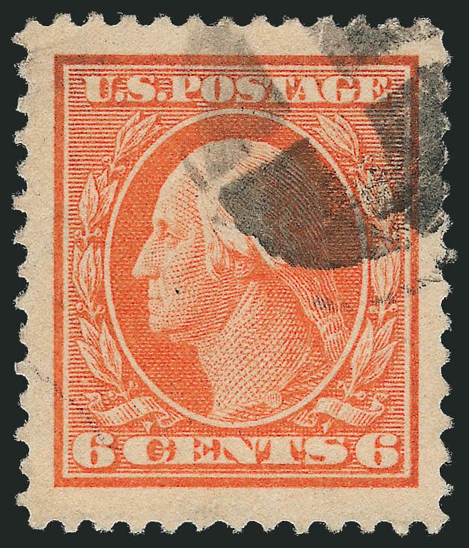 6c Red Orange (379).> Spectacular Jumbo margins and precise centering, bright pastel color, small quartered cork cancel, Extremely Fine Gem, impressive used example, with 2010 P.S.E. certificate (XF-Superb 95
Jumbo SMQ $95.00 as 95, $310.00 as 98),