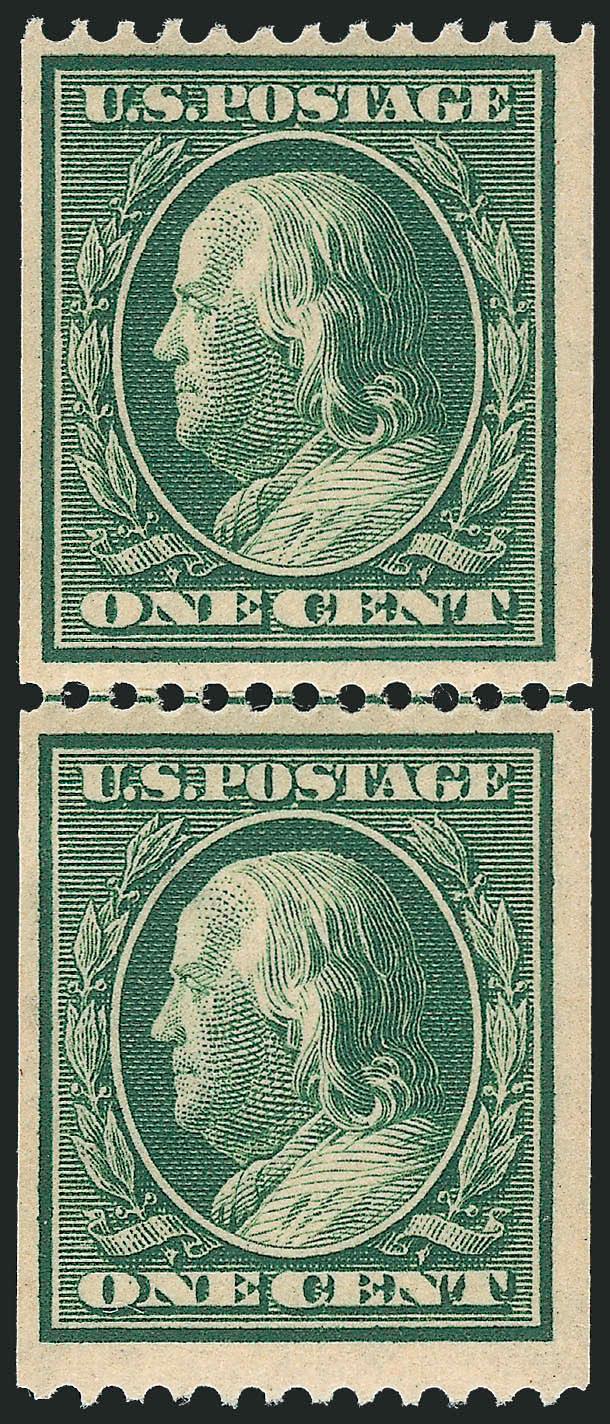 1c Green, Coil (385).> Mint N.H. guide line pair, intense shade and impression, Very Fine and choice, with copy of 1996 P.F. certificate