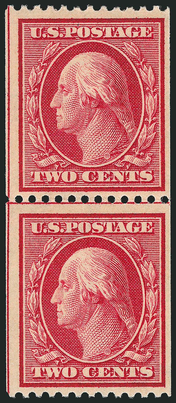2c Carmine, Coil (386).> Guide line pair, bottom stamp Mint N.H., intense color, Fine, top stamp light pencil notation on gum, with 1998 P.F. certificate, Scott Retail as hinged guide line pair