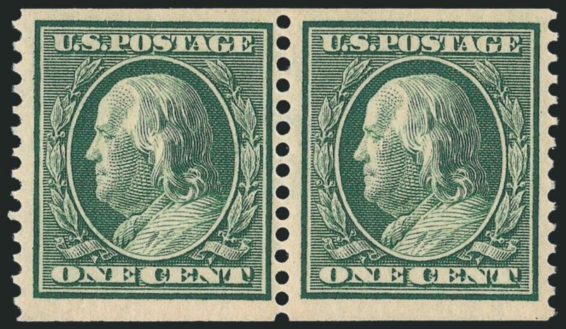 1c Green, Coil (387).> Pair with 3mm spacing, lightly hinged, wide margins, Fine-Very Fine, with 1996 P.S.E. certificate