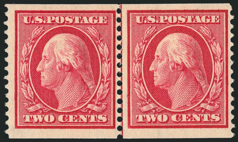 2c Carmine, Coil (388).> Guide line pair, brilliant color, detailed impression, left stamp trivial natural inclusion on back only not mentioned on accompanying certificate<><>^VERY FINE GUIDE LINE PAIR OF THE
2-CENT HORIZONTAL COIL, SCOTT 388.^<><