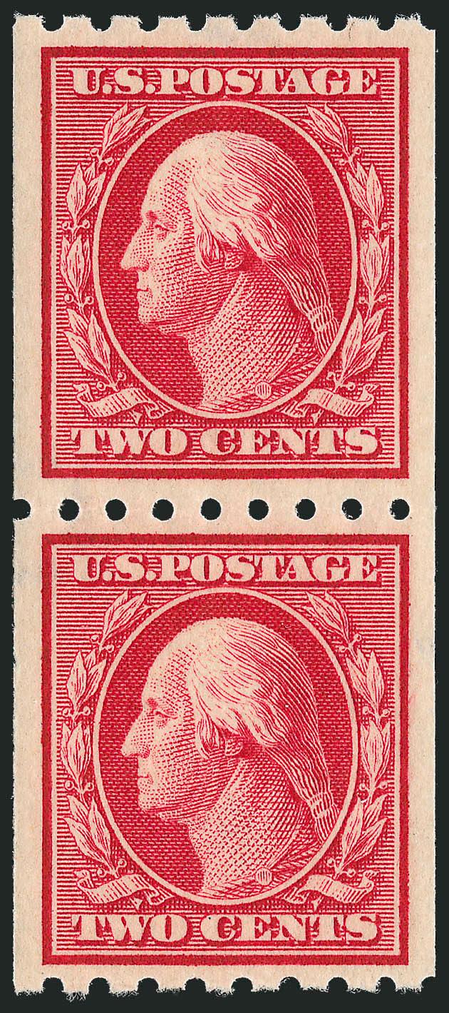 2c Carmine, Coil (391).> Mint N.H. pair, bright color, both stamps impeccably centered, Extremely Fine, with 2010 P.S.E. certificate (XF 90 SMQ $385.00), in our opinion, if broken out of the pair, the top stamp
would easily grade 95