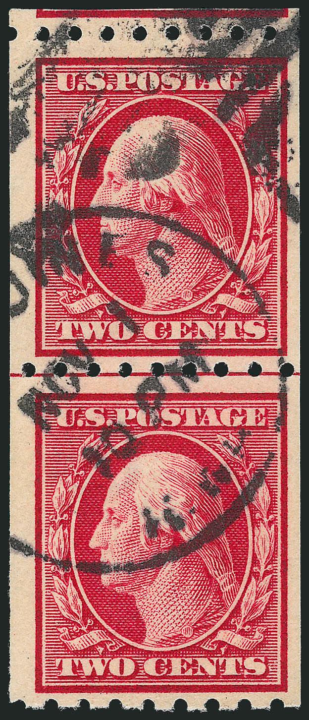 2c Carmine, Coil (391).> Guide line pair, rich color, neat strike of duplex cancel, Very Fine, considerably more difficult to find in used condition, with 2003 P.S.E. certificate (F-VF 75 SMQ $730.00)
