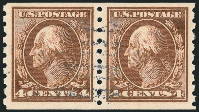 1c-5c 1910-13 Issue, Coils (392-396).> Pairs, variety of cancels, very light on 4c, Fine-Very Fine, scarce group used, all but 3c with 2003 or 2004 P.F. or P.S.E. certificates