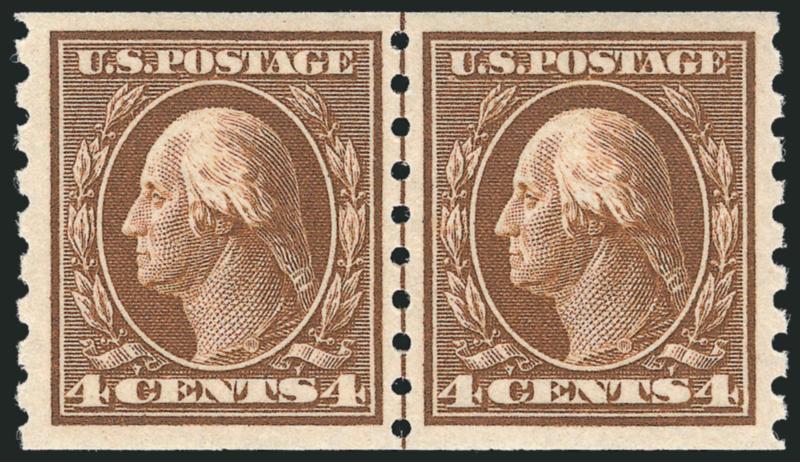 4c Brown, Coil (395).> Mint N.H. guide line pair, pretty shade, well-proportioned margins, Extremely Fine, with 2010 P.S.E. certificate (VF-XF 85 SMQ $975.00)