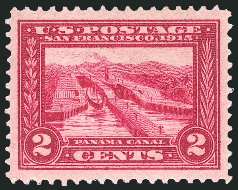 2c Carmine Lake, Panama-Pacific (398a).> Mint N.H., deep rich color which is significantly different than the normally issued Carmine color, perfectly centered with wide and balanced margins, long and full
perforations<><>^EXTREMELY FINE GEM. THIS