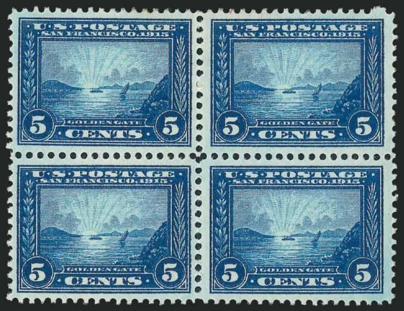 5c Panama-Pacific (399).> Block of four, bottom pair Mint N.H., well-centered, top right single blind perf, Very Fine-Extremely Fine, the bottom right Mint N.H. single wide margins and extraordinarily
well-centered, Extremely Fine, should easily gr