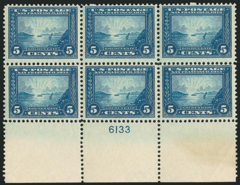 5c Panama-Pacific (399).> Bottom plate no. 6133 block of six with full selvage, top center stamp h.r., others Mint N.H., rich color, slight discoloration in bottom right selvage, still Fine-Very Fine