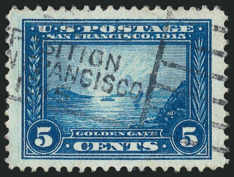 5c Panama-Pacific (399).> Perfectly balanced Jumbo margins, rich color, advertising machine cancel for the exposition in San Francisco, Extremely Fine Gem, a huge used example of the 5c Panama-Pacific Perf
12