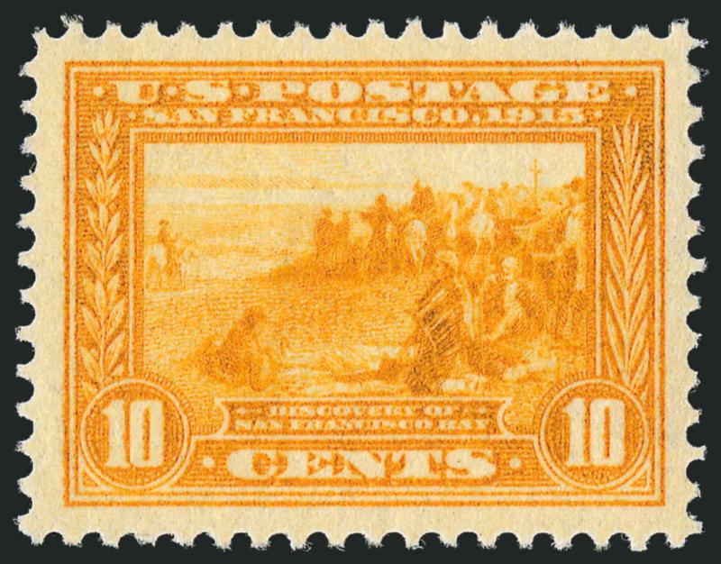 10c Orange Yellow, Panama-Pacific (400).> Mint N.H., wide margins with exceptional centering, bright color, Extremely Fine, with 2002 P.F. and 2010 P.S.E. certificates (XF 90 SMQ $470.00)