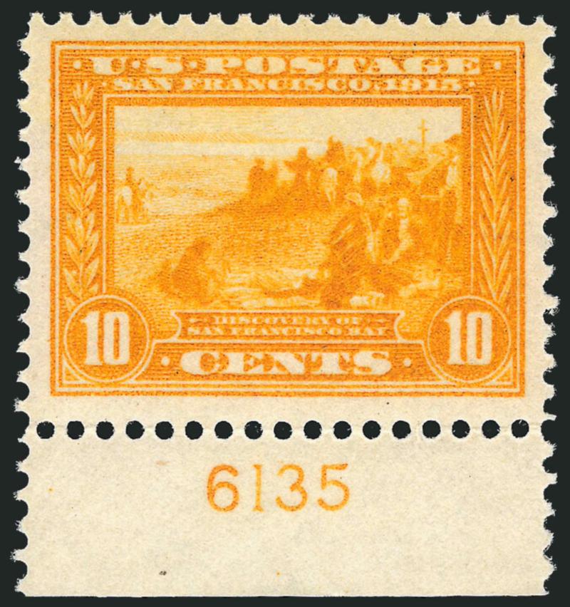10c Orange Yellow, Panama-Pacific (400).> Mint N.H. with bottom <plate no. 6135> selvage, wide margins and handsomely centered, Extremely Fine, with 1993 P.F. and 2010 P.S.E. certificates (XF 90 SMQ
$470.00)
