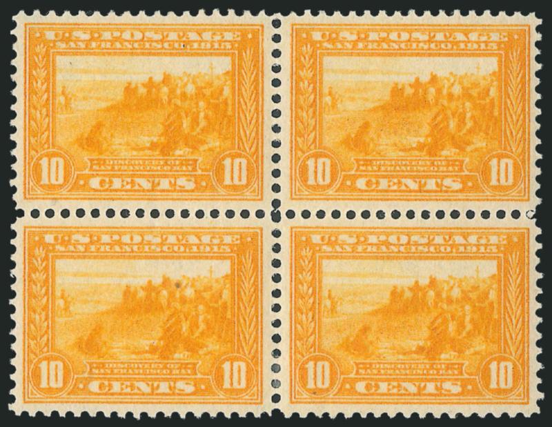 10c Orange Yellow, Panama-Pacific (400).> Block of four, lightly hinged, bright color and exceptionally well-centered, Extremely Fine