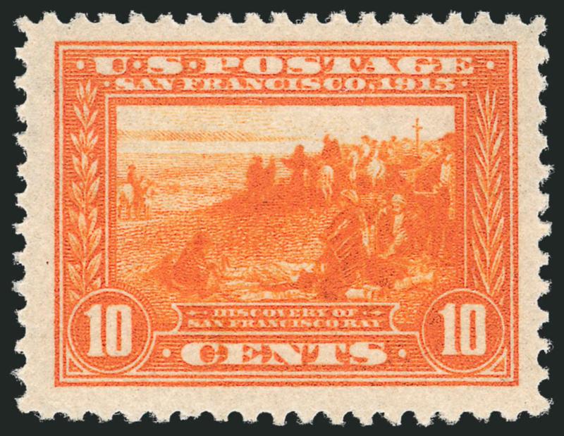 10c Orange, Panama-Pacific (400A).> Mint N.H., vibrant color as fresh as the day it was printed, extra wide margins (even for this issue), Very Fine and choice, with 1999 P.S.E. and 2009 P.F.
certificates