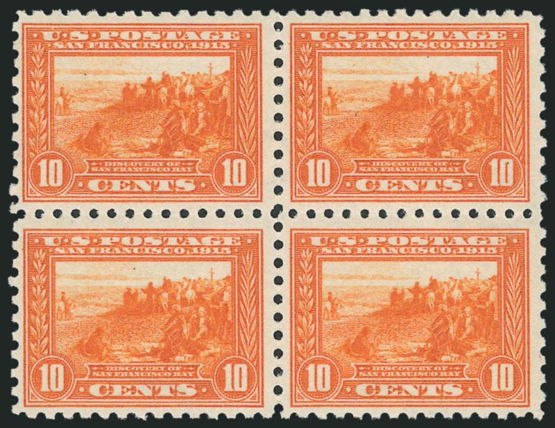 10c Panama-Pacific, Perf 10 (404).> Mint N.H. block of four, fresh and crisp with beautiful glowing color<><>^FINE-VERY FINE. AN ATTRACTIVE MINT NEVER-HINGED BLOCK OF FOUR OF THE 10-CENT PANAMA-PACIFIC PERF
10.^<><>With 1981 P.F. certificate. Sco