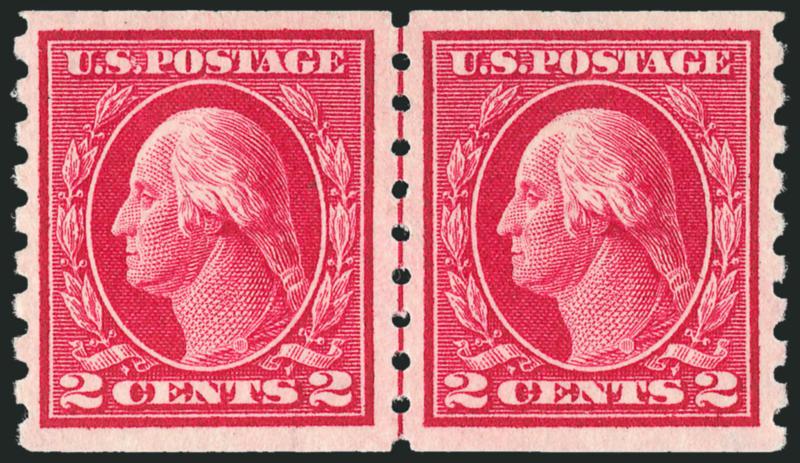 2c Carmine, Coil (413).> Mint N.H. guide line pair, brilliant color on bright paper, wide and balanced margins, fresh and Extremely Fine, with 2010 P.S.E. certificate (XF 90 SMQ $1,000.00)