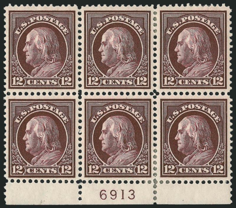 12c Claret Brown (417).> Bottom plate no. 6913 block of six, four stamps h.r., deep rich color on bright paper, choice centering throughout, Very Fine-Extremely Fine, a pretty plate block