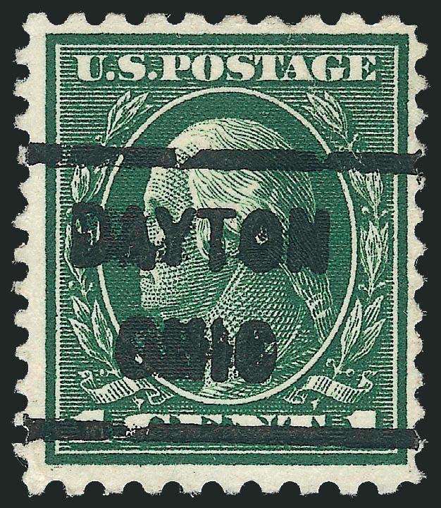 1c Green, Perf 10 x 12 (423D formerly 424b).> Attractively centered, deep rich color, Dayton Ohio precancel, slight creases<><>^FINE APPEARING EXAMPLE OF THE RARE 1914 ONE-CENT PERF 10 X 12 ISSUE.^<><>Our
census of Scott 423D published at our