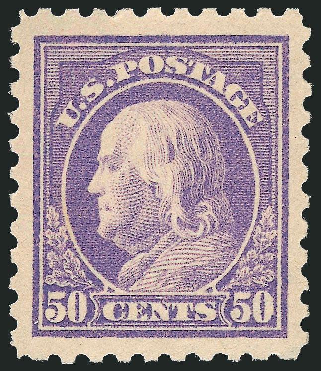 50c Violet (440).> Mint N.H., radiant color, gorgeous centering with Jumbo margins all around<><>^EXTREMELY FINE GEM. A SUPERB MINT NEVER-HINGED EXAMPLE OF THE 50-CENT FRANKLIN, SCOTT 440. A DIFFICULT STAMP TO
FIND IN THE HIGHER GRADES, THIS HAS BE