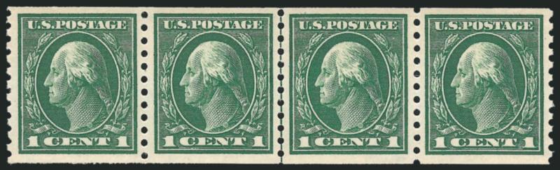 1c Green, Coil (443).> Mint N.H. guide line strip of four, well-centered, Very Fine and choice, with 2006 P.F. certificate